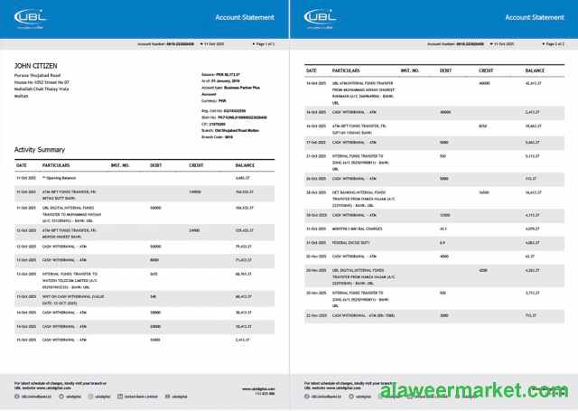 Pakistan United Bank Limited account statement Word and PDF template, 2 pages